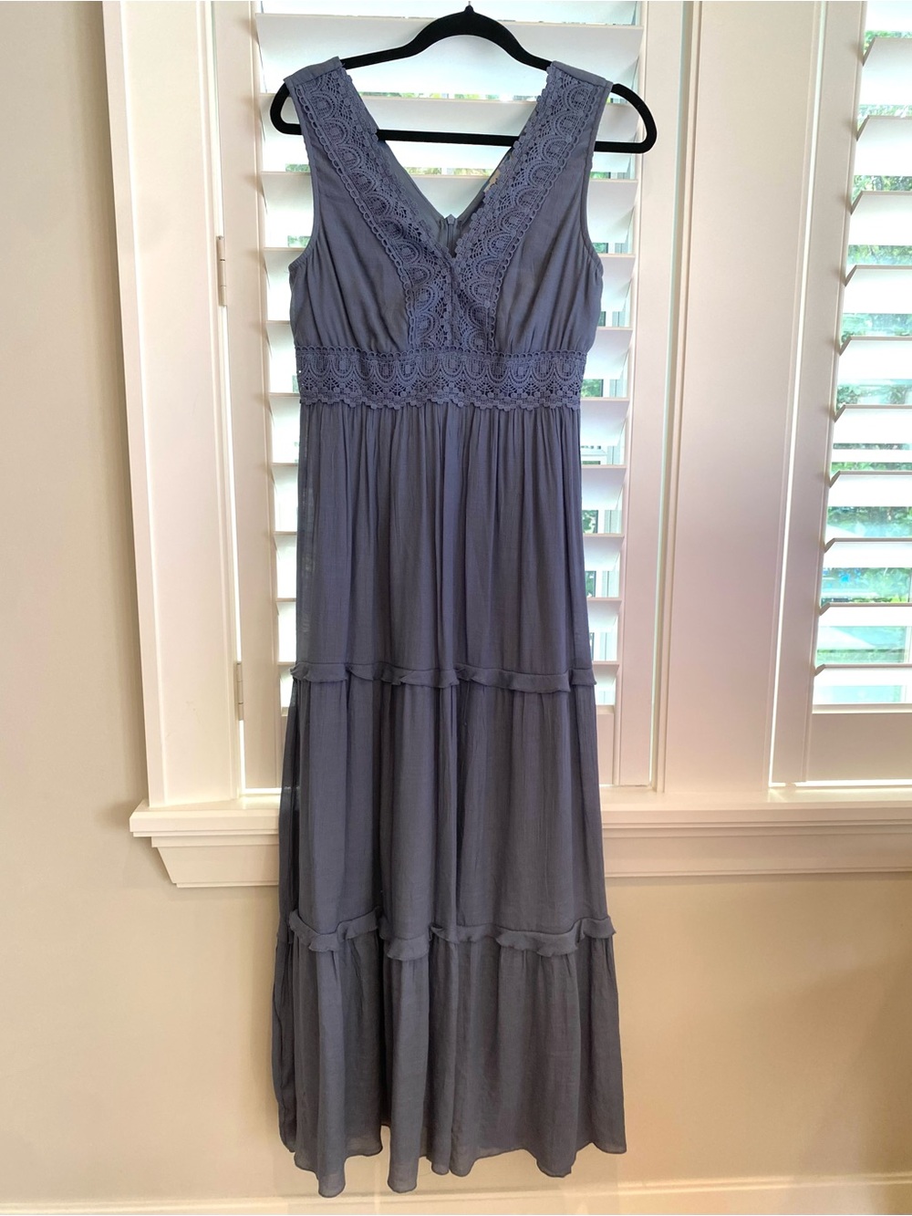 Rebellion Sleeveless Lace-Trim Maxi Dress in Slate Blue
